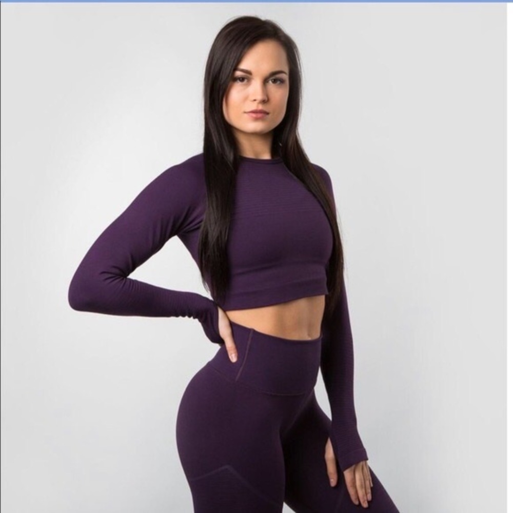 alphalete revival seamless long sleeve crop top purple noir